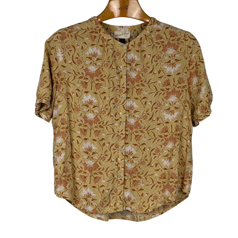 Universal Thread Floral Button Up Blouse S Yellow Puff Sleeve Rayon Dobby Top